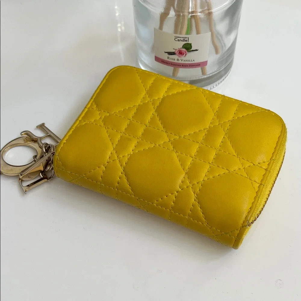Authentic Dior Cannage Quilted Credit Card Zipper Leather Wallet with Charms